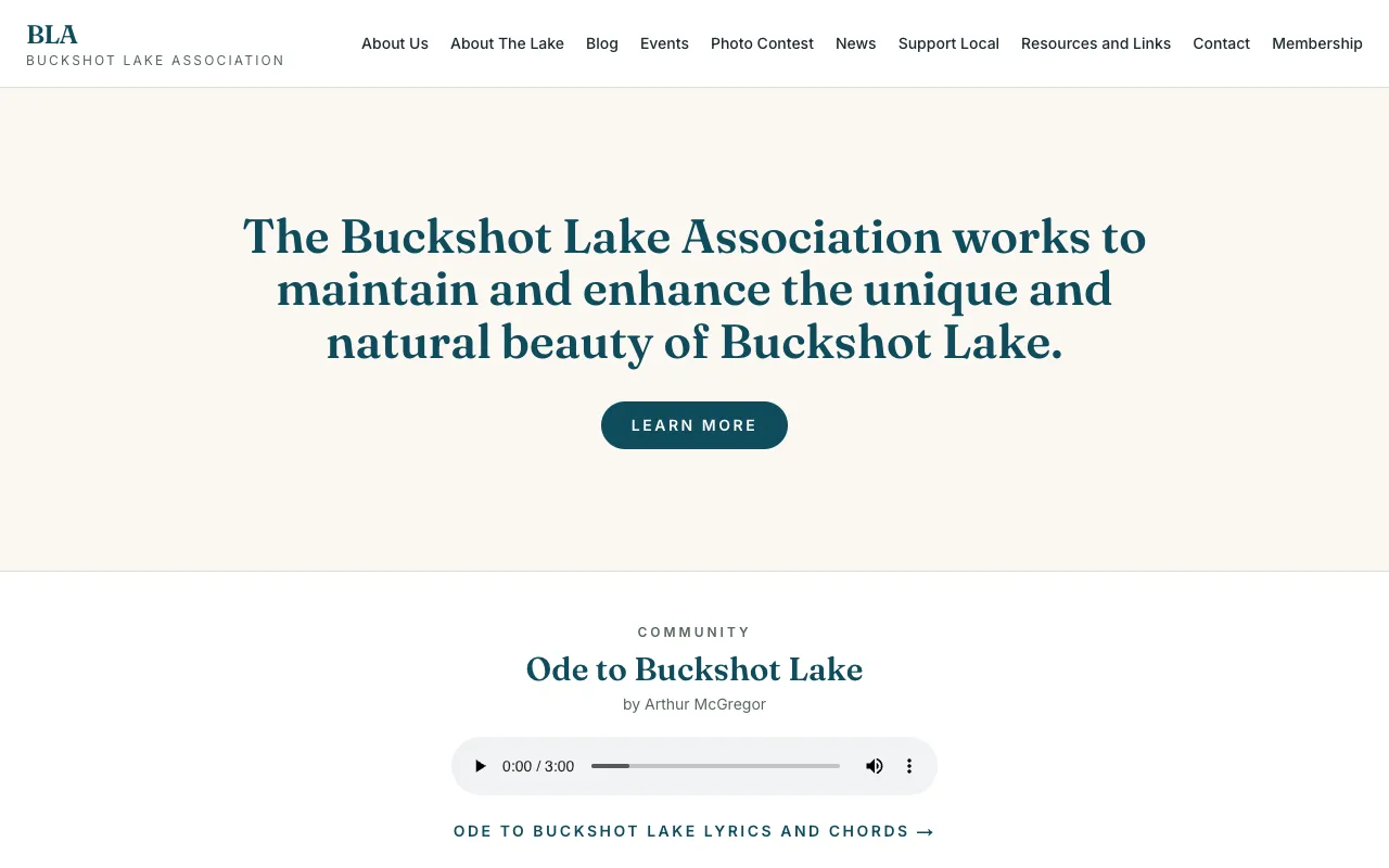 Home page of the Buckshot Lake Association website, with its menu and the headline about maintaining the beauty of Buckshot Lake